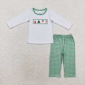 BLP0603 RTS toddler boy clothes embroidery snowman tree boy christmas winter set