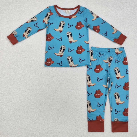 BLP0872 RTS baby boy clothes blue western clothes boy winter pajamas set-bamboo