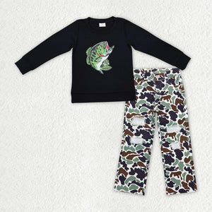 BLP1061  RTS toddler boy clothes fish shirt vinyl pattern black boy winter outfit jeans set