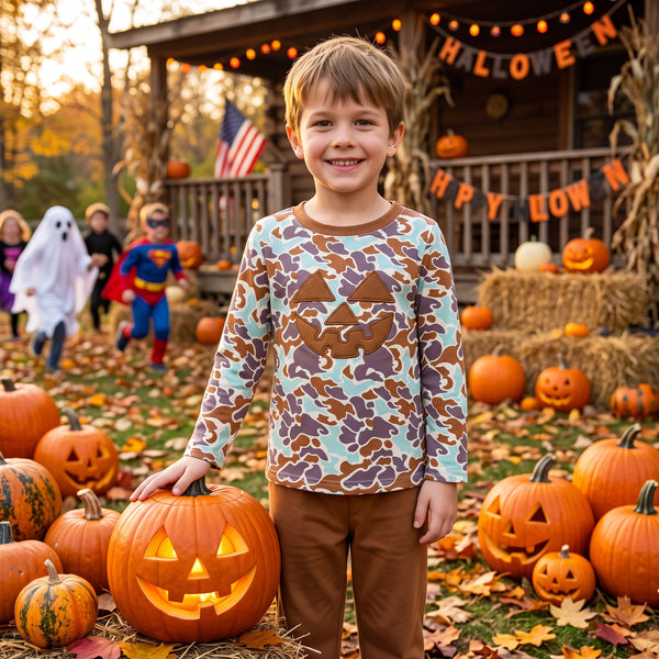 BLP1193 RTS boy clothes halloween pumpkin print embroidery boy winter pants set
