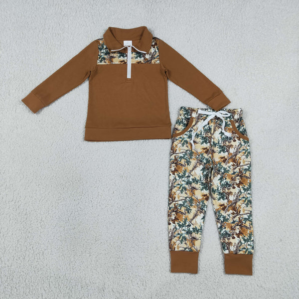 RTS BLP1447 kids boy clothes brown leaves boy winter outfit pants set