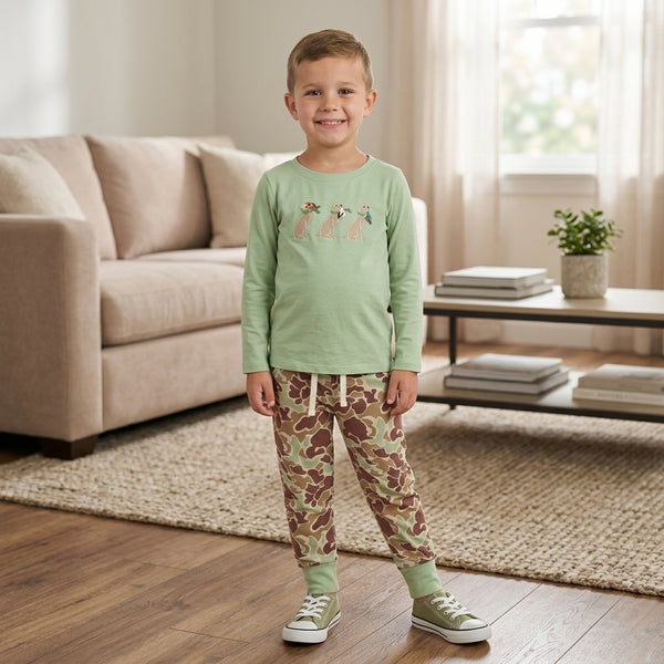 RTS BLP1492 baby boy clothes dog embroidery print long sleeve top camo jogger pants outfit
