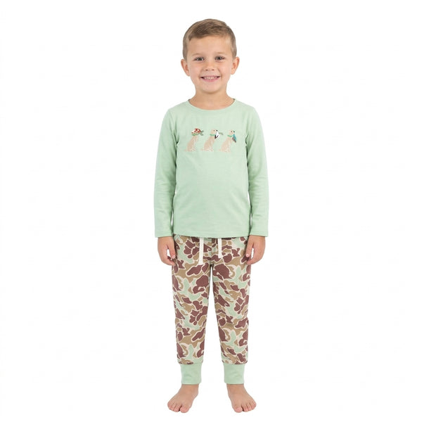 RTS BLP1492 baby boy clothes dog embroidery print long sleeve top camo jogger pants outfit