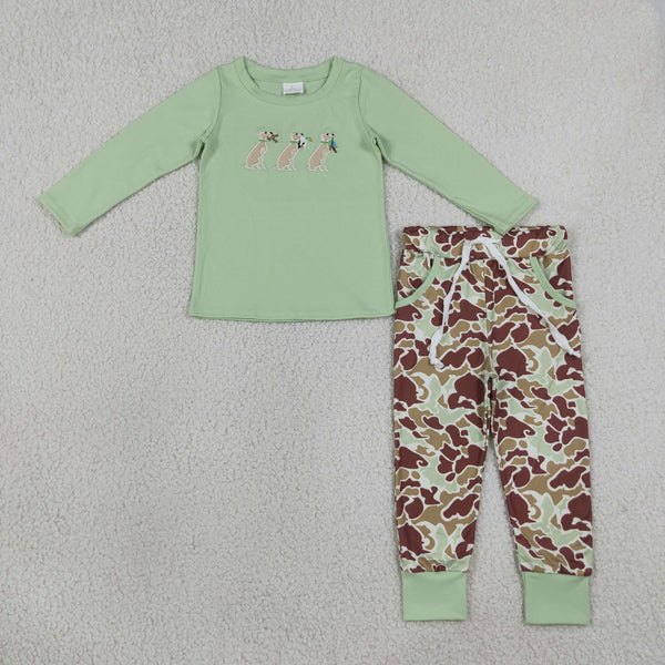 RTS BLP1492 baby boy clothes dog embroidery print long sleeve top camo jogger pants outfit