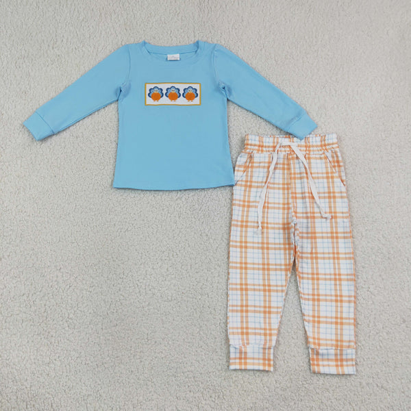 RTS BLP1498 baby boy clothes thanksgiving duck embroidery print long sleeve top pant outfit