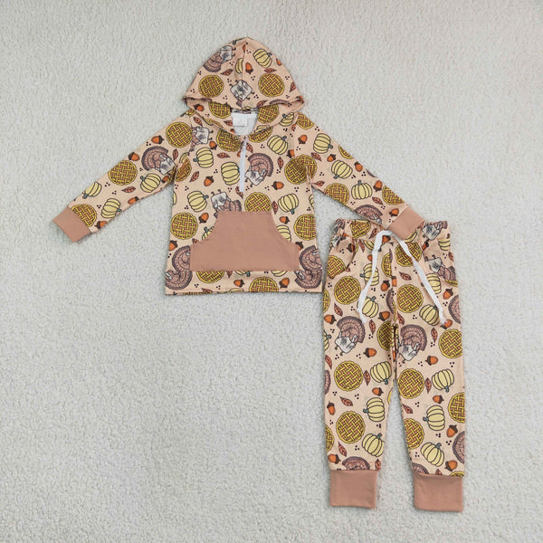RTS BLP1504 baby boy clothes thanksgiving party print long sleeve hooded pant outfit