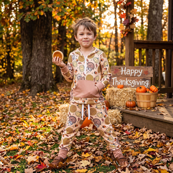 RTS BLP1504 baby boy clothes thanksgiving party print long sleeve hooded pant outfit
