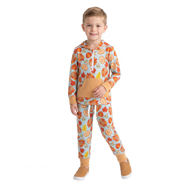RTS BLP1505 baby boy clothes fall pumpkin mixed print long sleeve hooded top pant outfit