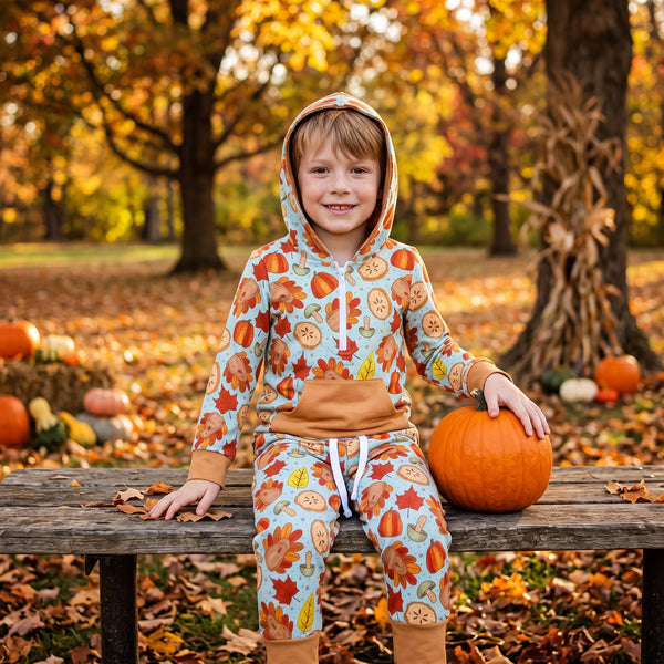 RTS BLP1505 baby boy clothes fall pumpkin mixed print long sleeve hooded top pant outfit