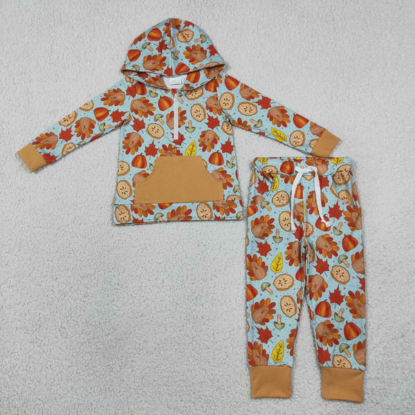 RTS BLP1505 baby boy clothes fall pumpkin mixed print long sleeve hooded top pant outfit