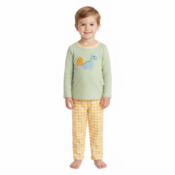 RTS BLP1515 baby boy clothes dinosaur embroidery print long sleeve top pant outfit