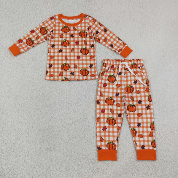 RTS Matching clothing fall pumpkin gingham print kid long sleeve romper pant fall clothing-2026.9.17