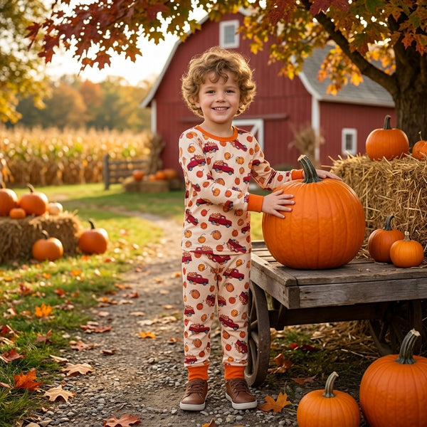 RTS BLP1541 baby boy clothes car pumpkin print long sleeve top pant outfit