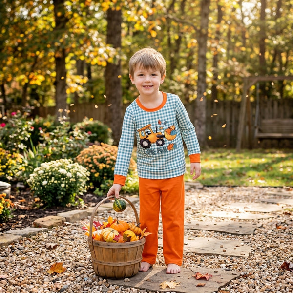 RTS BLP1542 baby boy clothes halloween tractor pumpkin gingham print long sleeve pants outfit