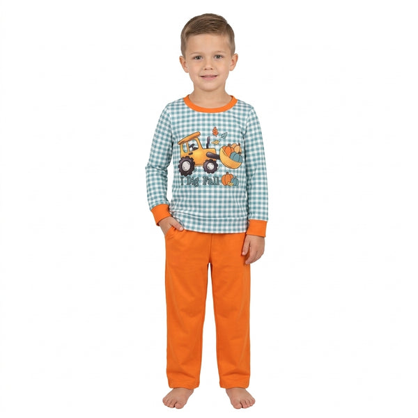 RTS BLP1542 baby boy clothes halloween tractor pumpkin gingham print long sleeve pants outfit