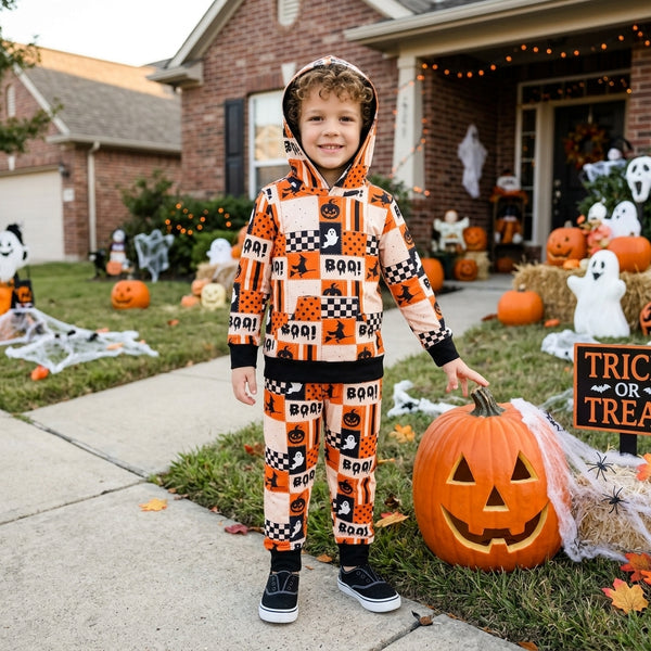 RTS BLP1544 baby boy clothes halloween check ghost print long sleeve hoodies outfit