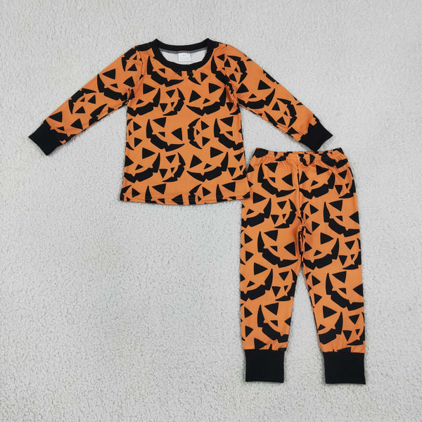 RTS Matching clothing kids halloween pumpkin face print baby long sleeve romper and pajama set-2026.10.7