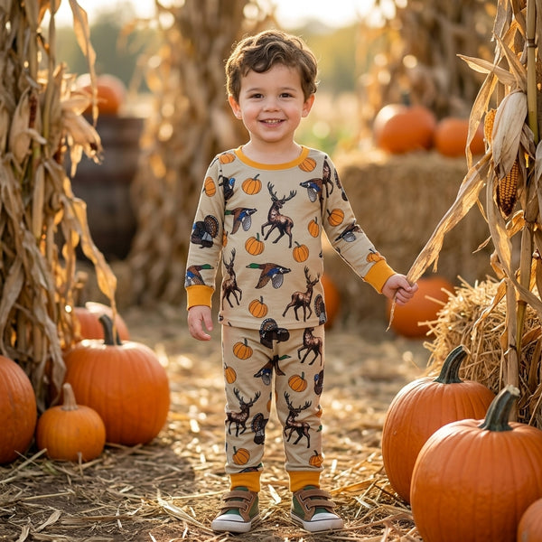 RTS BLP1556 baby boy clothes halloween deer pumpkin print long sleeve pant outfit pajamas set
