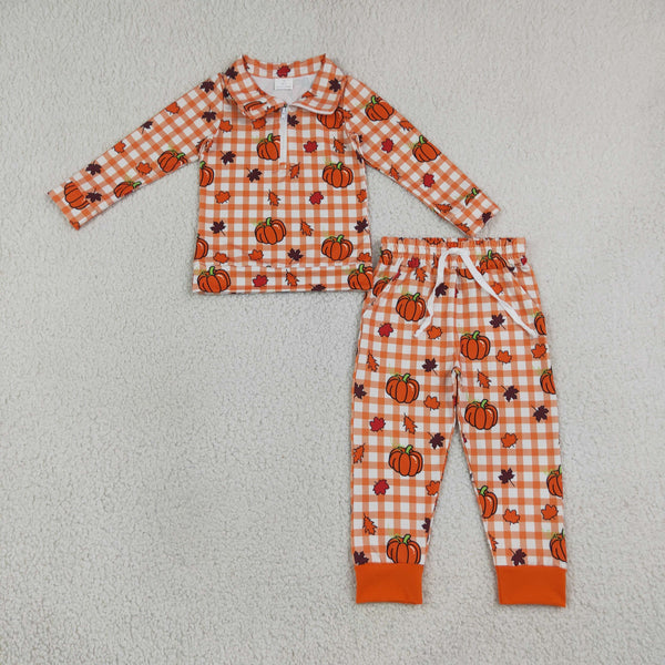 RTS Matching clothing fall pumpkin gingham print kid long sleeve romper pant fall clothing-2026.9.17
