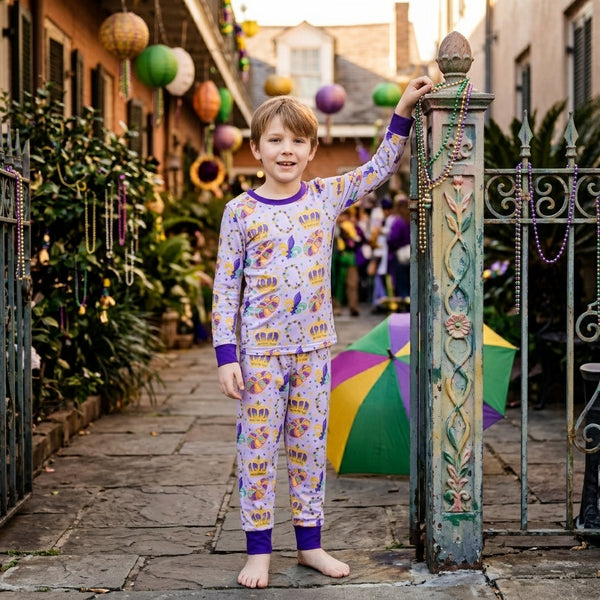 RTS BLP1610 toddler boy crown print long sleeve pajama set Mardi Gras Clothes