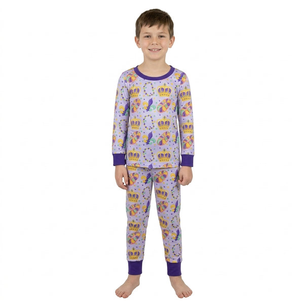 RTS BLP1610 toddler boy crown print long sleeve pajama set Mardi Gras Clothes