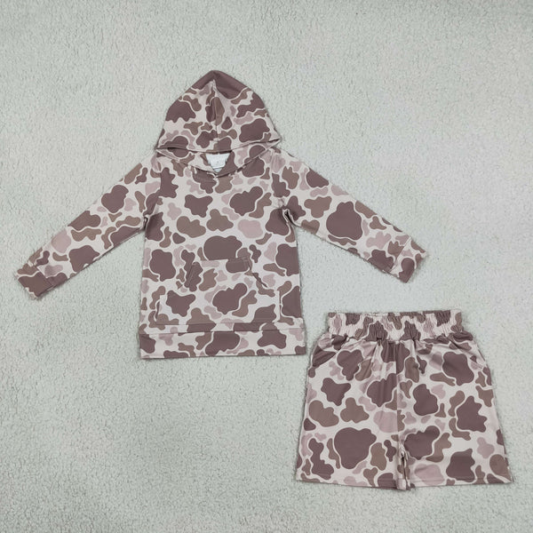 RTS BLS0050 toddler boy clothes brown camouflage print long sleeve hoodies outfit winter shorts set