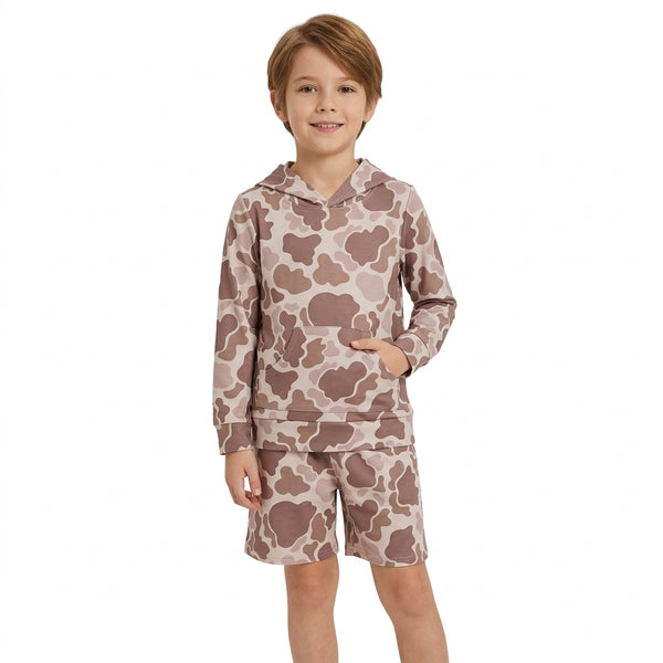 RTS BLS0050 toddler boy clothes brown camouflage print long sleeve hoodies outfit winter shorts set