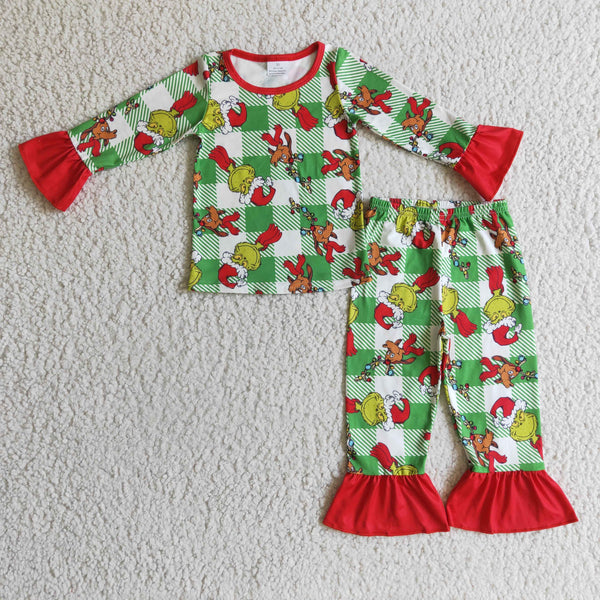 kids clothes green cartoon matching pajamas set