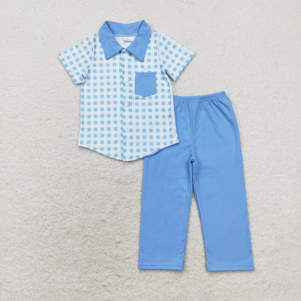 BSPO0466 RTS 3-6M to 7-8T baby boy clothes blue gingham boy fall spring pajamas outfit