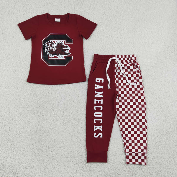 RTS BSPO0701 baby boy clothes gamecocks vinyl print short sleeve top checkered pant outfit