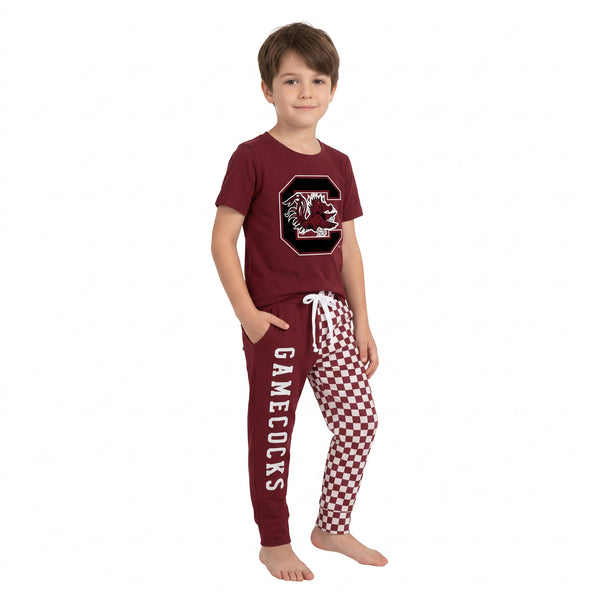 RTS BSPO0701 baby boy clothes gamecocks vinyl print short sleeve top checkered pant outfit