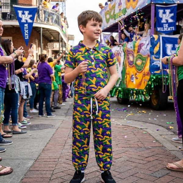 RTS BSPO0721 toddler boy clothes camo print short sleeve polo pants outfit Mardi Gras Clothes