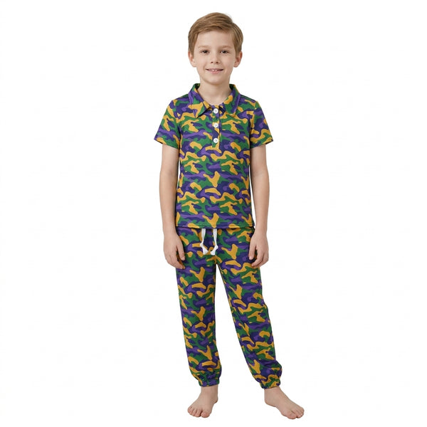 RTS BSPO0721 toddler boy clothes camo print short sleeve polo pants outfit Mardi Gras Clothes