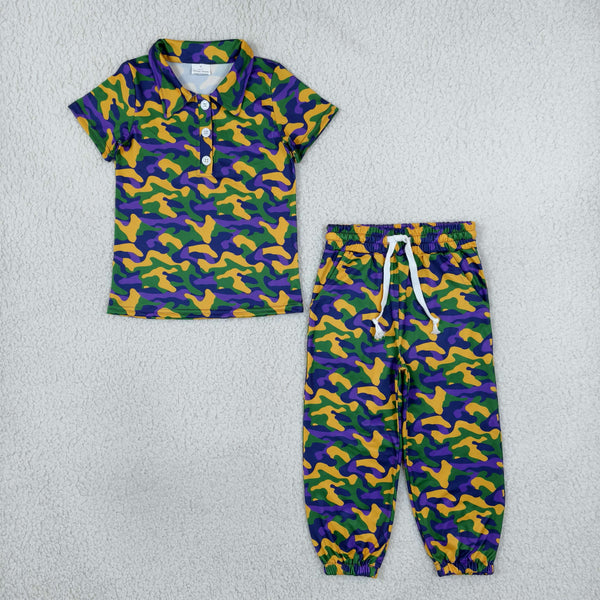 RTS BSPO0721 toddler boy clothes camo print short sleeve polo pants outfit Mardi Gras Clothes