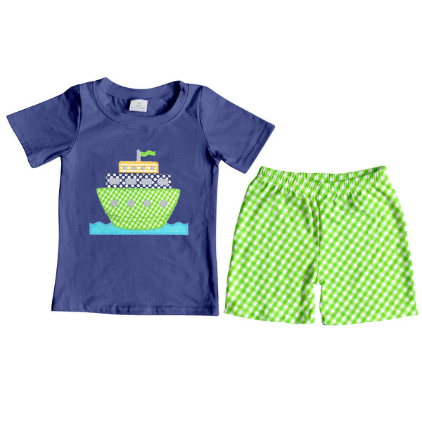 BSSO0097 baby boy clothes boat embroidery summer outfits