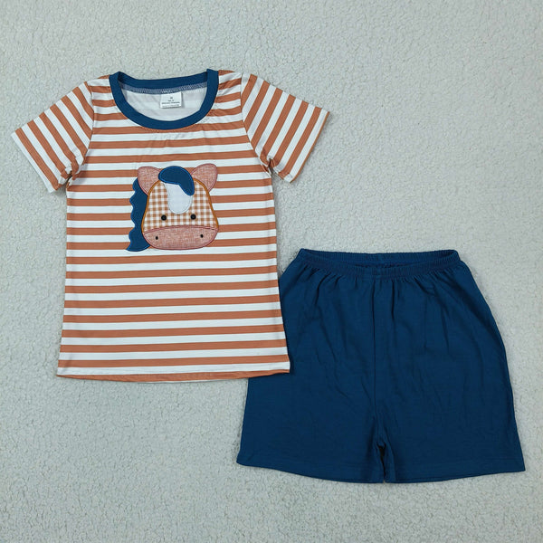 BSSO0380 RTS baby boy clothes embroidery horse boy summer shorts set summer clothes