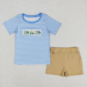 BSSO0572 RTS  baby boy clothes embroidery engineering vehicle boy summer outfit