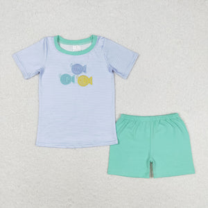 BSSO0587 RTS baby boy clothes embroidery fish boy summer outfit