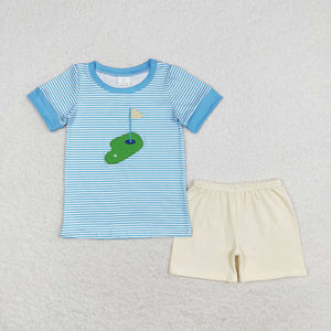 BSSO0592 RTS baby boy clothes embroidery golf field toddler boy summer outfit