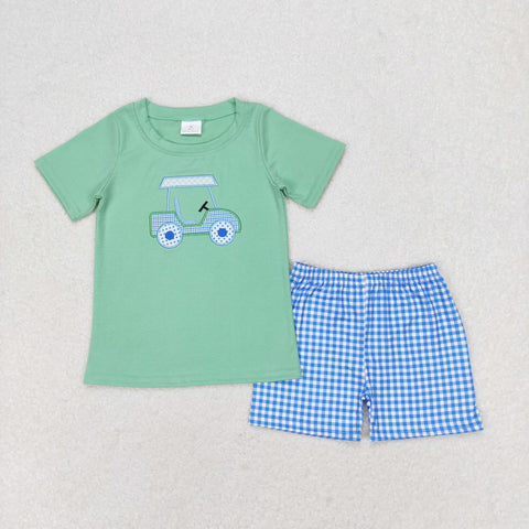 BSSO0692 RTS baby boy clothes embroidery golf cart toddler boy summer outfits ¡ꡧembroidery¡ê?