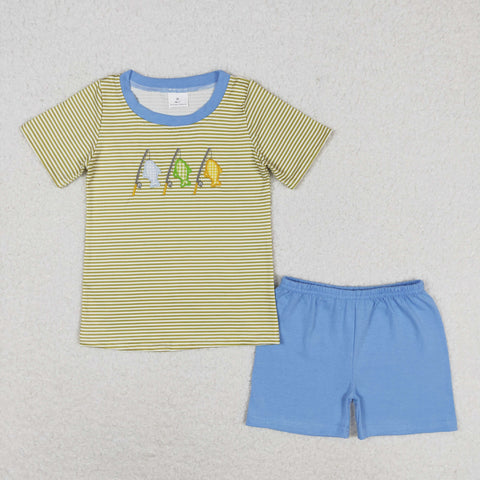 BSSO0732 RTS baby boy clothes fishing embroidery fish boy summer outfit