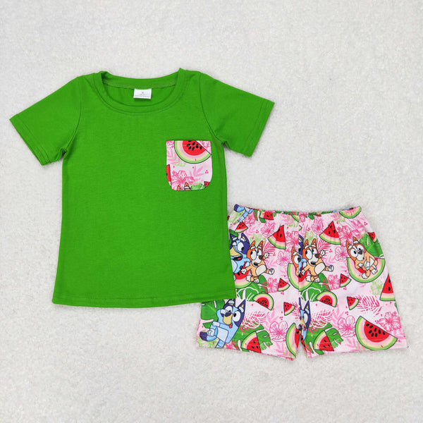 BSSO0743 RTS baby boy clothes green pocket watermelon dog boy summer shorts set