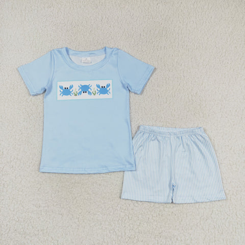 BSSO0765 RTS baby boy clothes Crab blue stripes toddler boy summer outfits