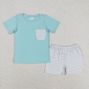 BSSO0799 RTS baby boy clothes blue gingham toddler boy summer outfits 3-6M to 7-8T  ¡ꡧprint¡ê?