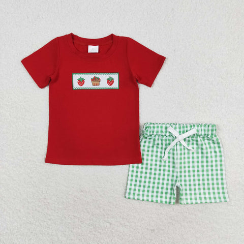 BSSO0810 RTS baby boy clothes strawberry toddler boy summer outfits 3-6M to 7-8T ¡ꡧembroidery¡ê?