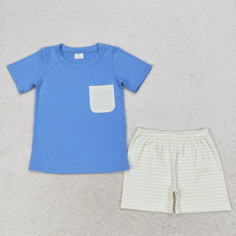 BSSO0985 RTS SizeM to 7-8T  baby boy clothes blue stripes toddler boy  summer outfits