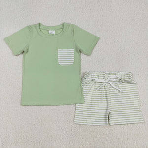 BSSO1103 RTS boy clothes green stripes toddler boy summer outfit