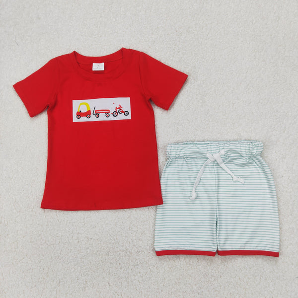 RTS toddler clothes red tractor matching kids summer shorts set-embroidery