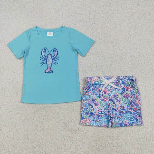 BSSO1479 RTS boy clothes crayfish floral toddler boy summer embroidery outfit