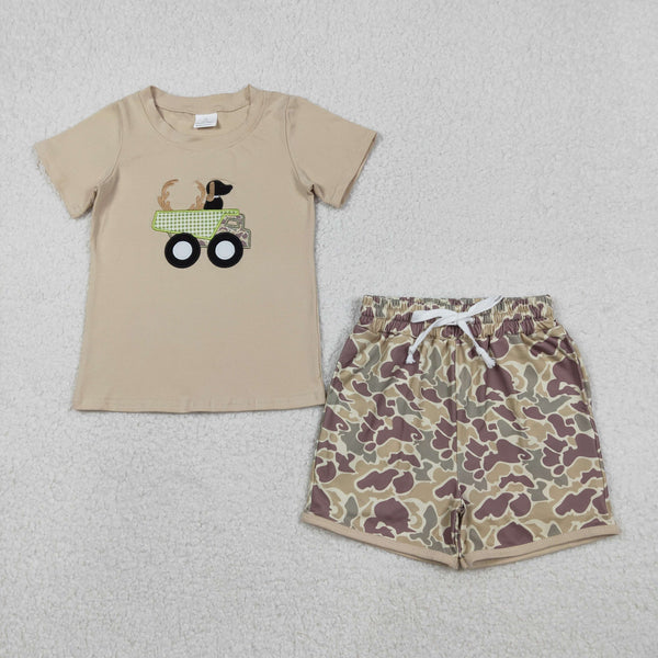 BSSO1576 RTS toddler boy clothes hunting camo boy summer embroidery set